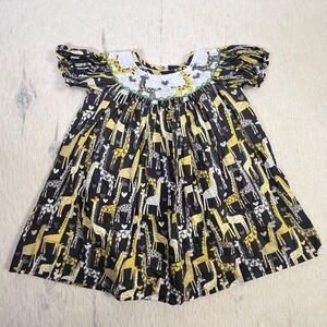Kandykids Smocked Giraffe Dress Baby Girl 18M Animal Print Puff Sleeve